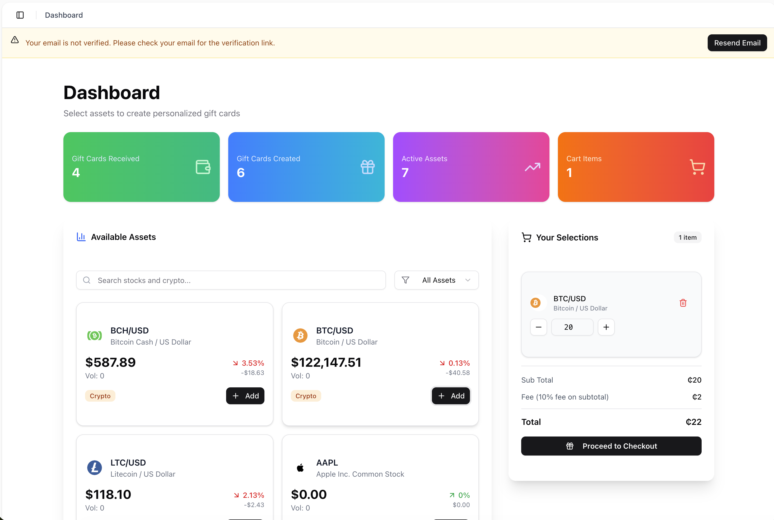 Crypto & Stock Gift Cards Platform
